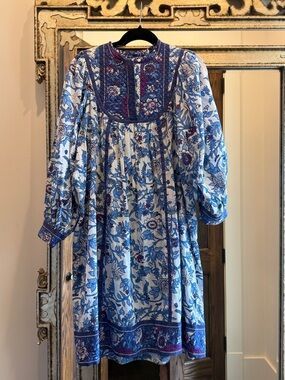 Antik Batik Blue and White Floral Long-Sleeve Peasant Dress